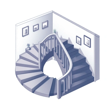 A staircase inside a house that loops back on itself in a continuous spiral. The staircase is composed of dark wooden steps, each step casting shadows on the walls. The walls are adorned with simple framed pictures and a few small potted plants are placed on the landings. The banister is intricately designed, adding detail to the staircase's structure. The scene creates an illusion of endlessness, as the staircase ascends and descends seamlessly.