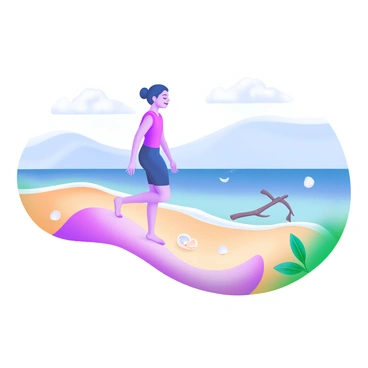 A beach scene featuring a person walking barefoot on the sand. The individual has a relaxed posture, with eyes closed, enjoying the sensation of the warm, soft sand beneath their feet. Gentle waves lap at their ankles, creating a sense of calm. In the background, there are smooth, rolling waves and a clear blue sky with a few fluffy clouds. The shoreline is dotted with seashells and small pieces of driftwood, enhancing the tranquility of the setting. The overall composition evokes a sense of mindfulness and self-awareness.