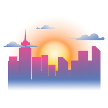 A city skyline is visible at sunrise, with various tall buildings in silhouette form. The buildings have sharp edges and varying heights, creating an interesting profile against the sky. The sky is a vibrant mix of colors, displaying shades of orange and purple blending seamlessly into one another. Light from the rising sun casts a warm glow around the edges of the buildings, enhancing their silhouettes. Fluffy clouds are scattered across the horizon, catching the colors of the sunrise. The scene conveys a sense of calm and the start of a new day.