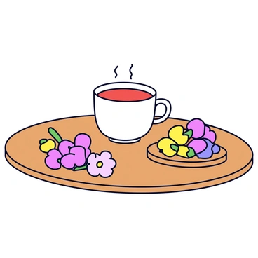 A white ceramic cup filled with steaming herbal tea sits on a wooden table. Beside the cup is a small wooden tray adorned with an assortment of freshly plucked flower buds in various colors, including pink, yellow, and purple. The buds are arranged neatly, showcasing their delicate petals and green stems. The surface of the table has a warm, natural texture that complements the scene.