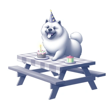 A chow chow dog sits on a picnic table, wearing a party hat that is slightly askew on its head. The dog has a fluffy mane around its face, giving it a regal appearance. In front of the chow chow, there is a small cake placed on the table, decorated with a single candle. The table is adorned with a checkered tablecloth, and there are colorful party decorations scattered around. A few balloons can be seen tied to the corners of the picnic table, adding to the festive atmosphere. The chow chow looks joyful, with its tongue out and tail wagging.