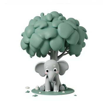 A cartoon elephant with large, sad eyes is sitting on the grass under a wide, leafy tree. The elephant has a light gray body and oversized ears that droop slightly. Its trunk is curled, resting on the ground. The tree has a thick trunk and an abundance of vibrant green leaves, creating a dappled shade. Scattered around the elephant are a few fallen leaves and a small pile of pebbles, emphasizing its solitude. The expression on the elephant's face reflects a deep sense of forlornness.