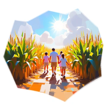 A vibrant corn maze set in the center of a vast cornfield, with tall green stalks towering above the pathways. Several families are walking through the maze, some with children laughing and pointing as they navigate the twists and turns. The sun is shining brightly overhead, casting warm light across the scene and creating playful shadows among the corn. In the background, a clear blue sky enhances the cheerful atmosphere of the day, while a few scattered clouds add depth to the sky.
