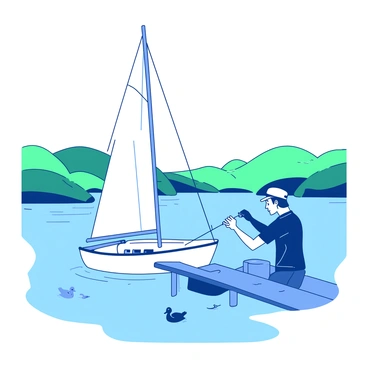 A sailor adjusting the sails of a small boat on a tranquil lake