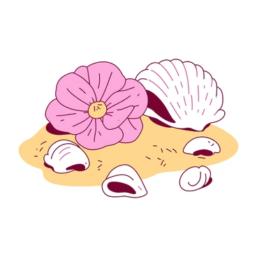A pink ranunculus bloom lies among several white seashells scattered on a sandy beach. The petals of the ranunculus are soft and velvety, contrasting with the smooth textures of the shells. The sandy surface is warm and golden, providing a natural backdrop for the arrangement. A few other tiny shells of varying shapes are nestled around the larger shells, enhancing the coastal feel of the scene. The gentle curves of the blooms and shells create a harmonious composition.