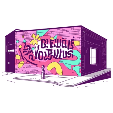 A large street mural on a brick building wall features a colorful composition. The mural depicts various abstract shapes and flowing lines in two contrasting colors. In the center, there is a bold message written in stylized letters that says "Believe in Yourself". Surrounding the text, there are dynamic elements such as stylized flowers and geometric patterns that enhance the overall vibrancy of the mural, drawing attention to the life advice it conveys. The scene captures the essence of urban art, bringing life and inspiration to the street.