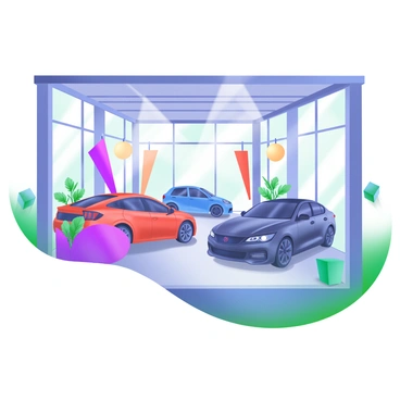 A modern pastel illustration of a sunlit 3D car showroom. The showroom features a polished concrete floor and tall glass walls, allowing sunlight to pour in. Several sleek cars are displayed prominently, each gleaming under bright spotlights. There are different models, including a sporty red coupe, a luxury black sedan, and a compact blue hatchback. The showroom is filled with vibrant decorations, such as colorful banners and potted plants. The overall atmosphere is bright and inviting, showcasing the vehicles in an appealing way.
