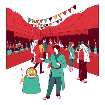 A red market is bustling with activity as curious shoppers explore various stalls filled with magical items. Each stall is uniquely adorned, showcasing items like shimmering potions in teal bottles, sparkling crystals in different shapes, and mystical artifacts. Shoppers, dressed in colorful attire, are engaged in lively conversations while examining enchanted objects. In the foreground, a teal vendor gestures animatedly as they explain a glowing orb to an intrigued customer. Colorful banners flutter overhead, adding to the vibrant atmosphere of this enchanting marketplace.