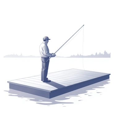 A fisherman stands on a wooden dock, poised and focused. He is dressed in a simple shirt and trousers, with a fishing rod held high as he prepares to cast his line into the calm water below. The dock is surrounded by a gentle ripple effect on the surface of the water, reflecting the fisherman’s silhouette. In the background, the outline of distant trees and a clear sky can be seen, adding depth to the scene. The fisherman’s stance indicates concentration and patience as he engages in this tranquil activity.