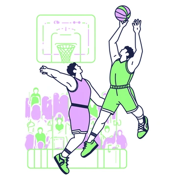 A basketball player leaping with visible biceps during a slam dunk