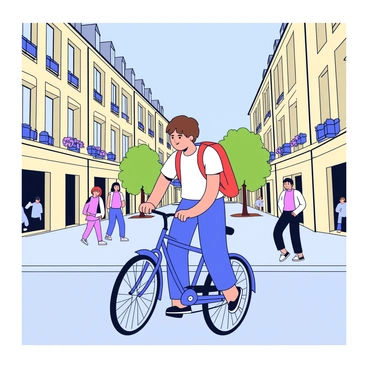 A student wearing a backpack is riding a blue bicycle along a Bordeaux street. The student has short brown hair and is wearing a white t-shirt and jeans. The street is lined with beige stone buildings featuring large windows and balconies adorned with flowers. Bright sunlight casts soft shadows on the pavement. In the background, there are a few green trees and a clear blue sky. The atmosphere is lively with a few pedestrians walking on the sidewalk.