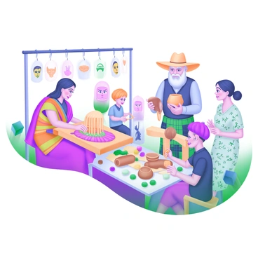 A vibrant marketplace scene showcasing people from various cultures gathered together. A woman in a colorful sari is demonstrating the art of weaving to a man wearing a traditional kilt. Nearby, a group of children is engaged in painting pottery, with a young girl wearing a hijab guiding them. An elderly man in a cowboy hat is carving wood while sharing stories with a young woman in a floral dress. Surrounding them are tables displaying intricate crafts, including handwoven baskets, pottery, and traditional masks. The atmosphere is lively, with expressions of curiosity and joy as they exchange ideas and crafts.