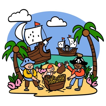A group of young pirates with various skin tones and hairstyles, dressed in colorful pirate attire, is excitedly digging in the sand on a tropical island. They are surrounded by tall palm trees and vibrant flowers. In the background, there are two large pirate ships anchored in turquoise waters, with billowing sails and flags flying. The sky is bright blue with fluffy white clouds, adding to the adventurous atmosphere of the scene. The young pirates are smiling and showing their enthusiasm as they uncover a treasure chest filled with gold coins and jewels.