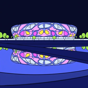A view of the Bird's Nest Stadium at night, showcasing its unique architectural design. The stadium is illuminated with bright lights that highlight its intricate structure. Nearby, a water feature reflects the vibrant lights of the stadium, creating a mirrored effect on the water's surface. The surrounding area is dark, emphasizing the brightness of the stadium and its reflection.