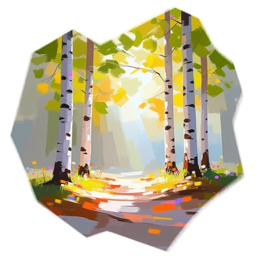 A dense forest setting featuring slender birch trees with striking white bark. The trees are tall and gracefully spaced, showcasing their vibrant green leaves that rustle gently in the breeze. Dappled sunlight filters through the canopy, casting soft shadows on the forest floor. The ground is covered with a rich layer of fallen leaves and small patches of grass, contributing to the lush atmosphere of the woodland. A few wildflowers can be seen peeking through the foliage, adding splashes of color to the scene.