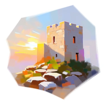 The first light of dawn is breaking over an ancient fortress, illuminating the rugged stone walls with a warm, golden glow. The fortress towers majestically against the sky as the soft light begins to creep upward from the horizon. Shadows retreat from the weathered stones, revealing intricate carvings and the texture of the aged masonry. A few wispy clouds scatter across the sky, reflecting the early light, while lush greenery surrounds the base of the fortress, adding a vibrant color to the scene.