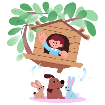A cartoon girl with short hair is peeking out of a treehouse made of wooden planks. She is wearing a colorful shirt and has her hand raised in a wave. Below the treehouse, a group of animal friends, including a playful dog and a curious rabbit, are looking up at her. The treehouse is surrounded by lush green leaves, creating a vibrant scene. The sunlight filters through the branches, casting gentle shadows on the ground below.