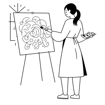 A person standing in front of a large canvas on an easel, holding a paintbrush in their right hand. The canvas is filled with a dynamic array of shapes and patterns. The artist is wearing a smock, and their hair is tied back. Their left hand is holding a palette filled with various colors. The background features a large window with sunlight streaming in, illuminating the scene.