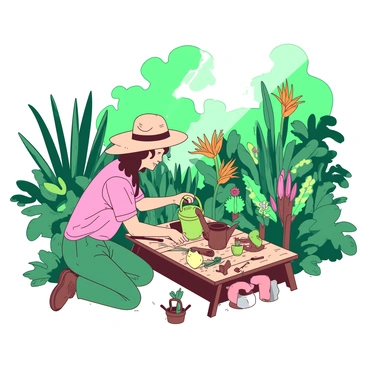 A gardener wearing a wide-brimmed hat is kneeling on the ground, tending to a variety of exotic plants in a vibrant botanical garden. The garden is filled with lush greenery, with tall tropical plants and colorful flowers surrounding the gardener. The gardener holds a small watering can in one hand, gently watering a vibrant orange flower that stands out among the greenery. There is a wooden planting bench nearby, scattered with gardening tools and small pots. Sunlight filters through the leaves, casting soft shadows on the ground.