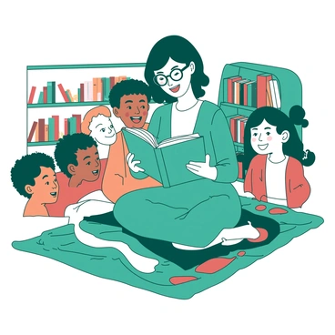 A teal librarian with glasses is sitting on a colorful rug, holding an open book and reading aloud. Surrounding the librarian are a group of joyful children, each displaying expressions of excitement and anticipation. The children are diverse in appearance, with different hairstyles and clothing styles. The rug features a variety of patterns, adding a vibrant touch to the scene. The background shows bookshelves filled with neatly arranged books, contributing to the cozy atmosphere of the reading corner.