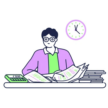 An accountant is sitting at a desk filled with tax forms and calculators. The accountant is wearing glasses and a light-colored shirt, focusing intently on the documents in front of them. Several tax forms are scattered across the desk, with figures and calculations clearly visible. To the left, there are two electronic calculators, one showing numbers on its display. A stack of organized papers is positioned on the right side of the desk, while a pen lies next to the papers, ready for use. In the background, there is a wall clock showing the time.