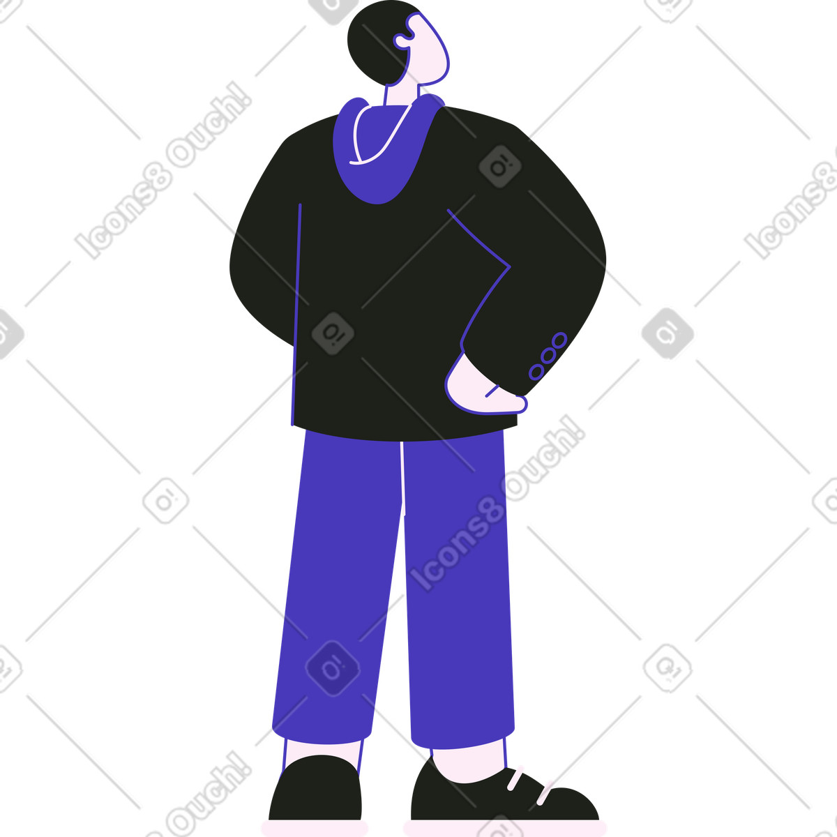 Mann in schwarzer jacke und blauer hose steht mit den händen hüften-Illustration im Blueberry-Stil als Download PNG, SVG