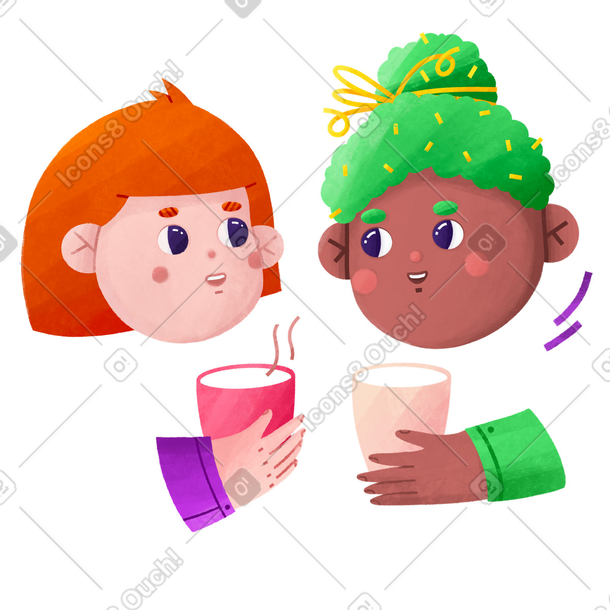 Friends talking over a cup of coffee illustration in Bonbon style download in PNG, SVG