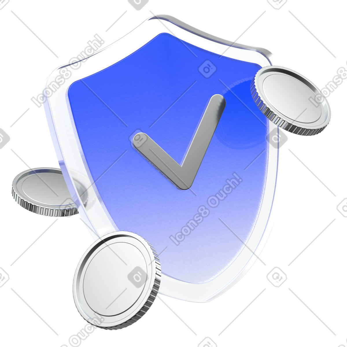 Ilustración Escudo de seguridad azul 3d con marca verificación y monedas, bancaria digital protección del dinero en estilo Enterprise a descargar en PNG SVG
