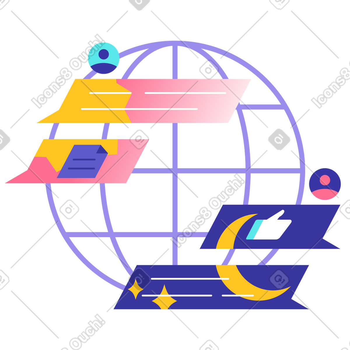 Chat bubbles around globe, Async communication and teamwork illustration in PNG, SVG
