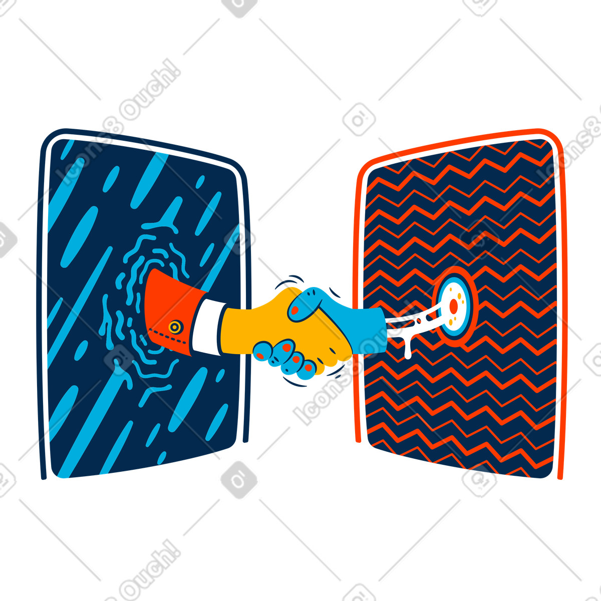 Two hands shaking through digital portals, Internet gateway glitch or connection error illustration in Flame style download in PNG, SVG