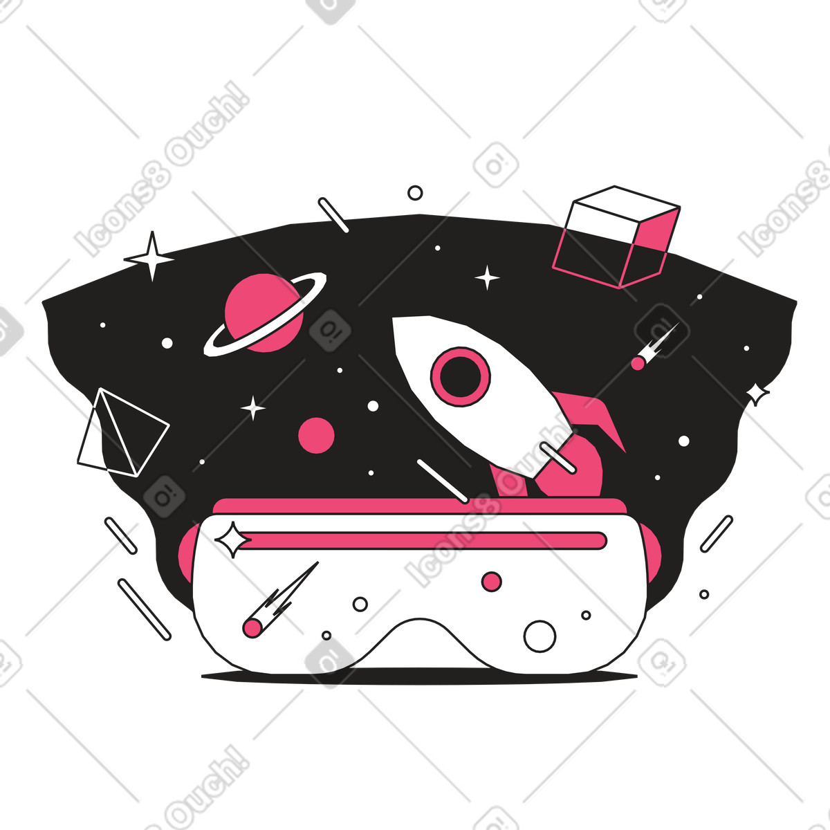 Dazzle Line 스타일의 Rocket and planets inside VR headset, Virtual space exploration 일러스트레이션 PNG, SVG 다운로드