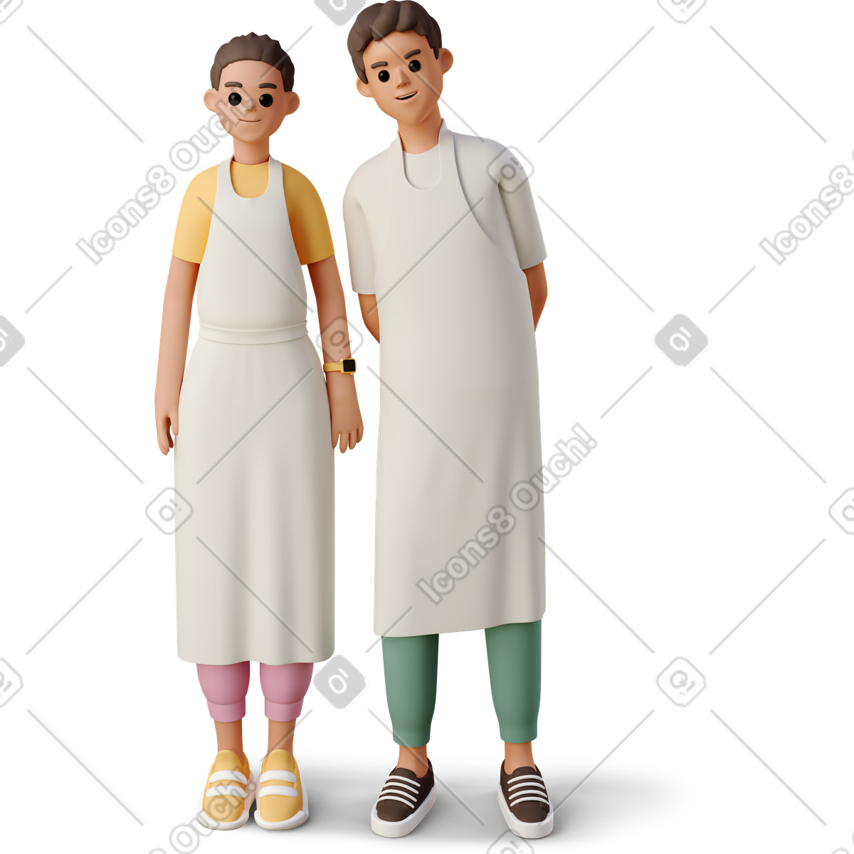 Ilustración Compañeros de cocina con delantales, preparación la y elaboración comidas en estilo 3D Casual life a descargar en PNG SVG