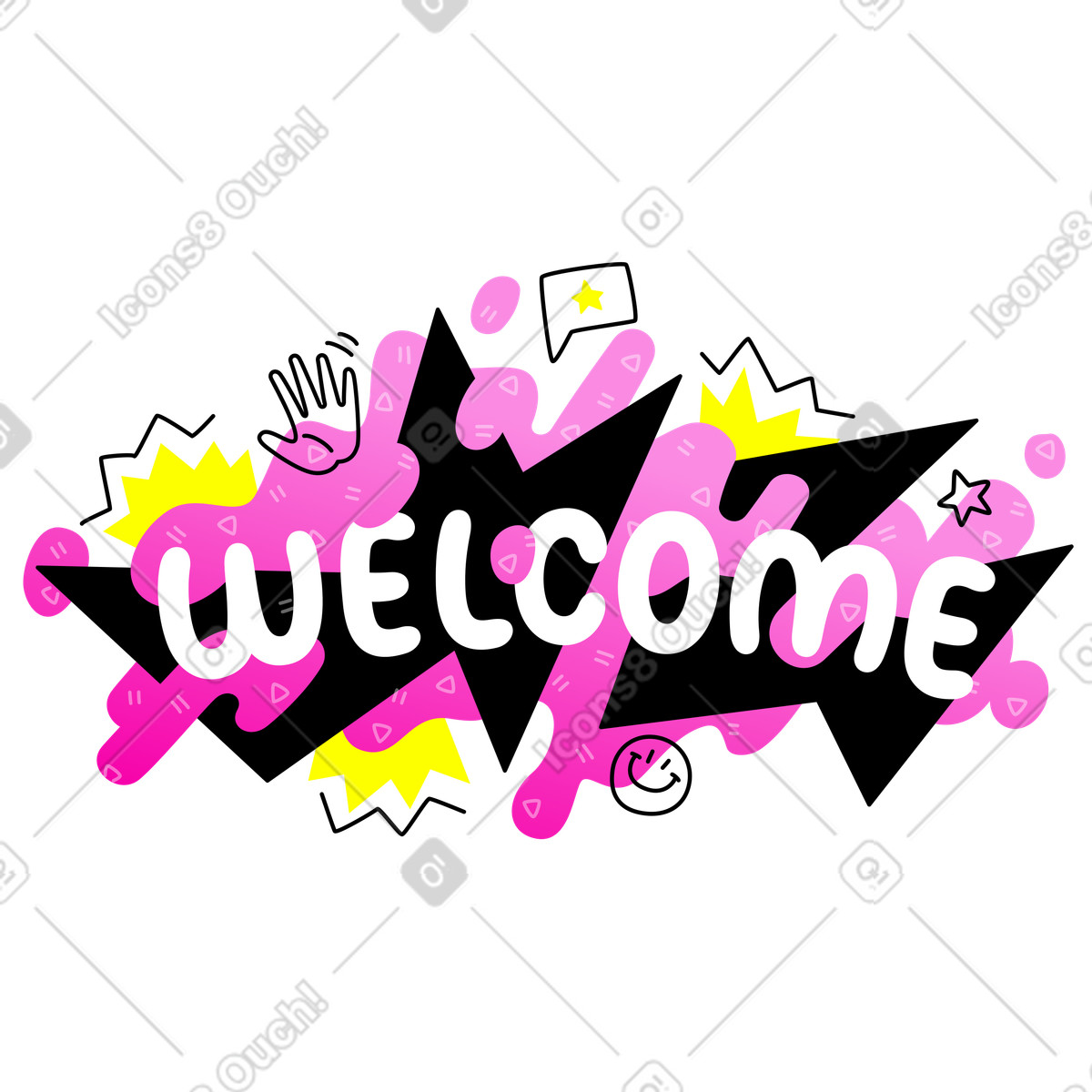Scritte di benvenuto colorate con scarabocchi illustrazione in stile Rocky scarica in PNG, SVG