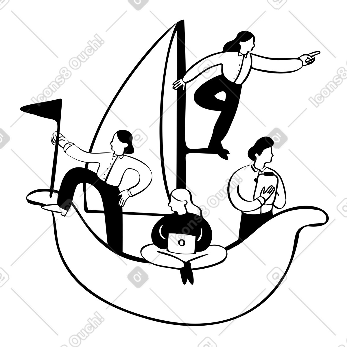 Teamwork and leadership on a ship illustration in Journal style download in PNG, SVG