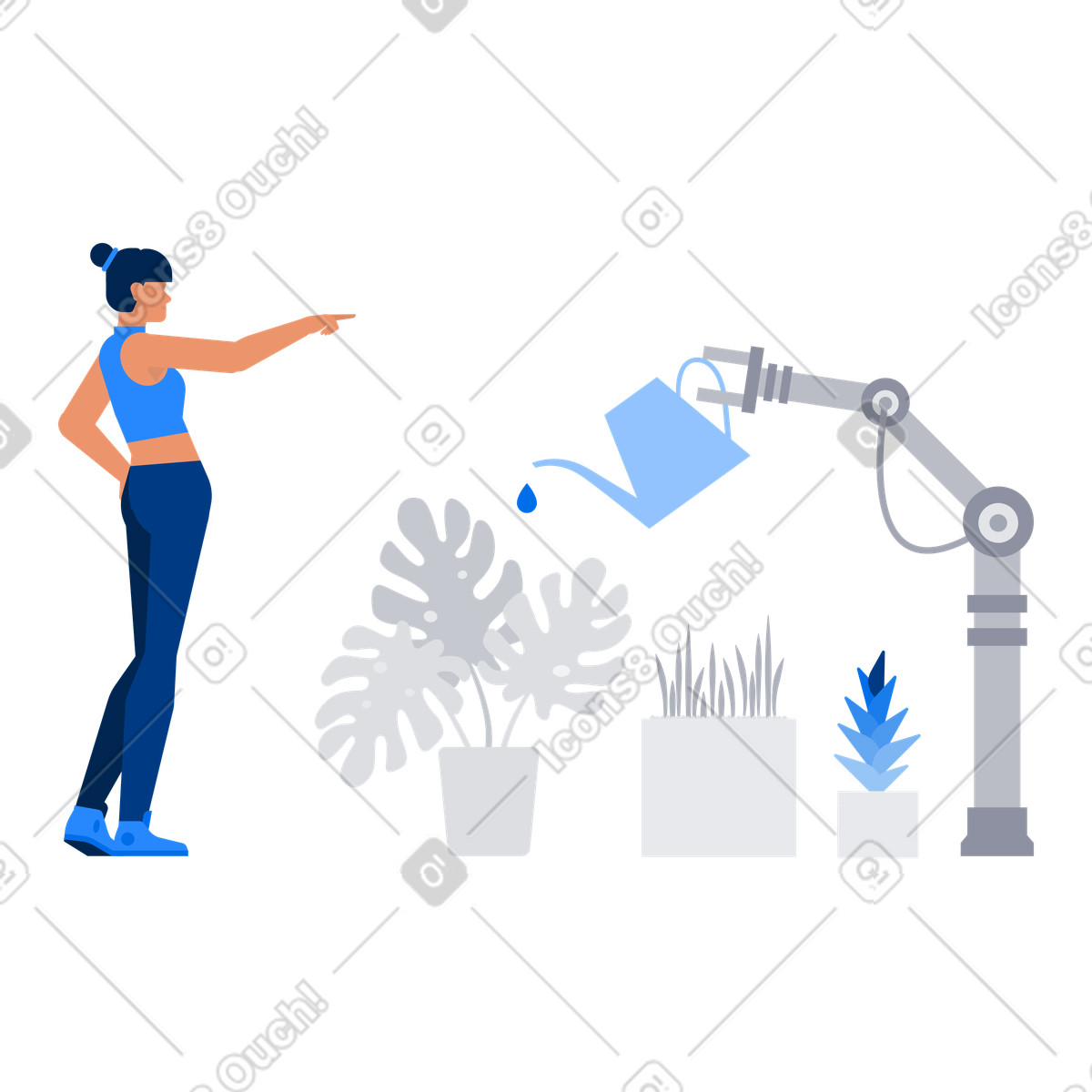 Illustration Robot gardener watering plants, automated gardening solution dans le style Urban à télécharger aux formats PNG, SVG