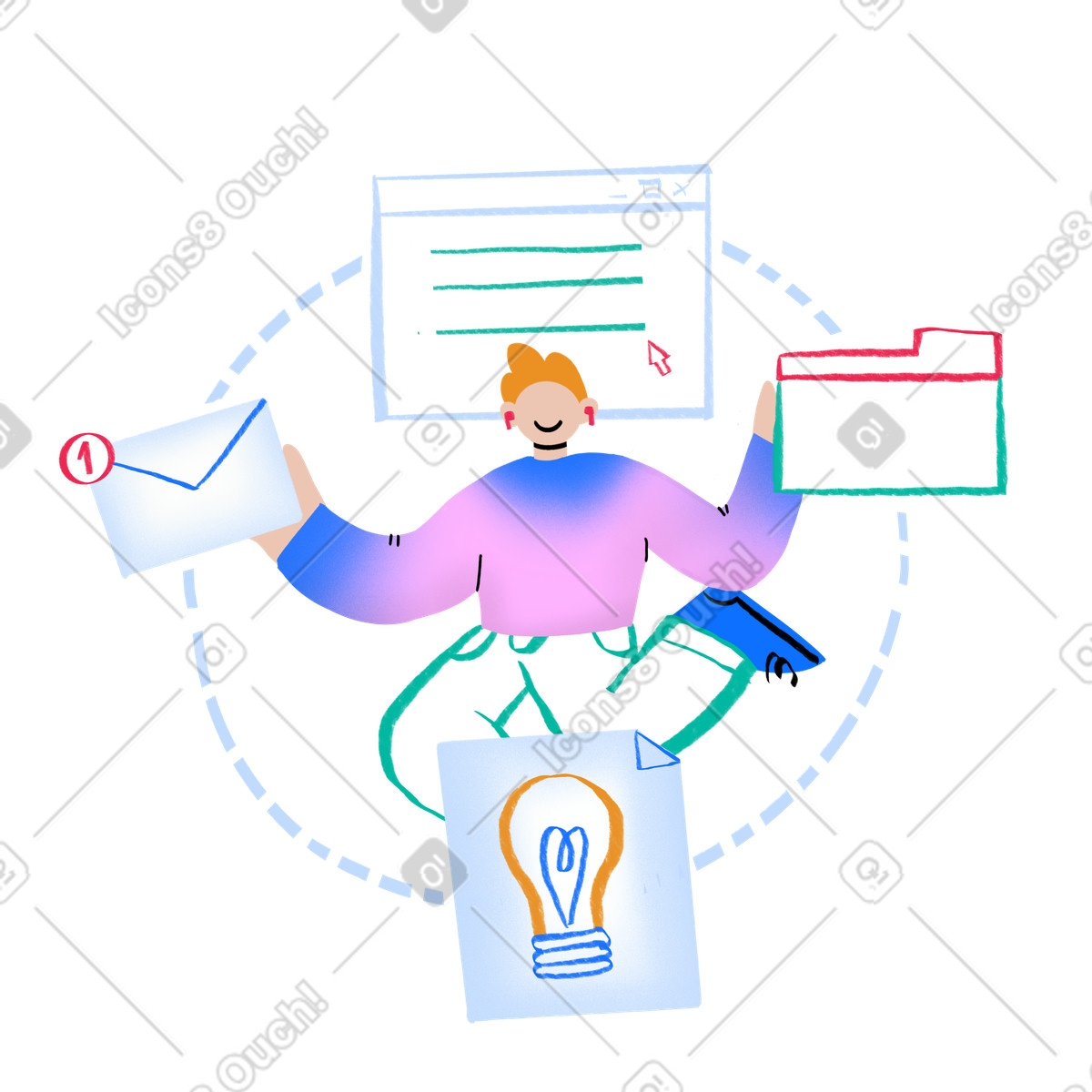 Bonny スタイルの Man multitasking on a job のイラストをPNG、SVG形式でダウンロード