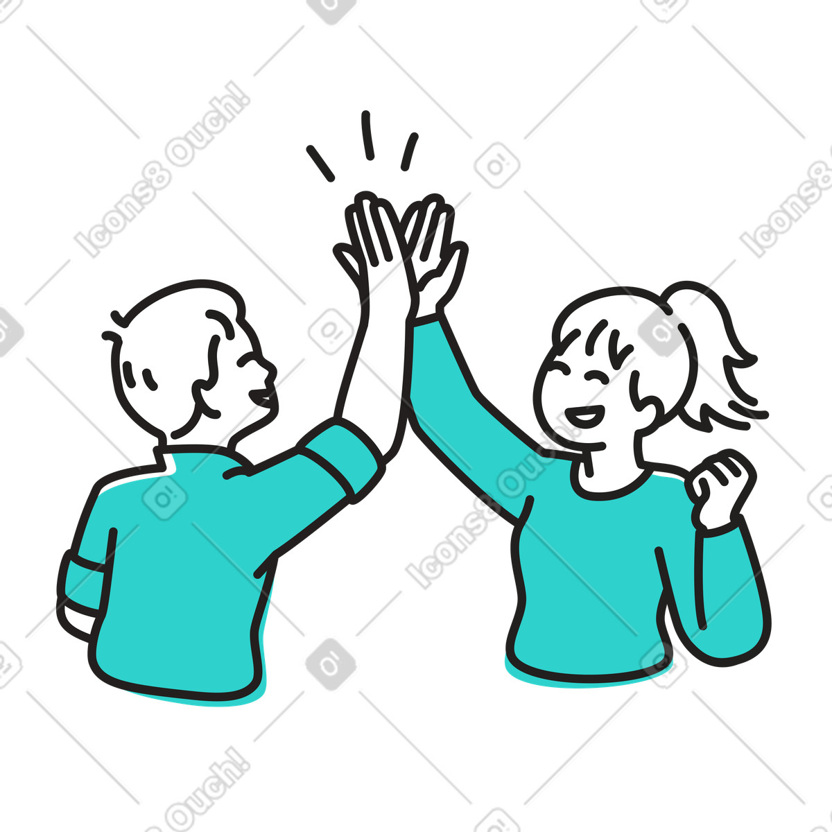 Collaboration, positive work culture, coworkers giving high five illustration in Little style download in PNG, SVG