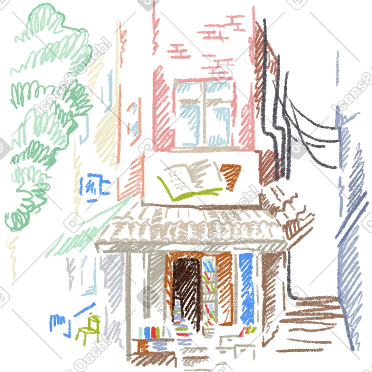 Sketchbook スタイルの Urban street with shop のイラストをPNG、SVG形式でダウンロード