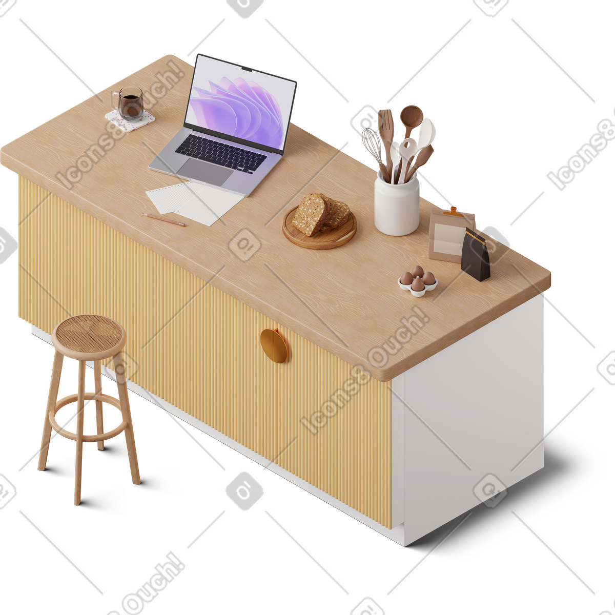 Isometric view of workspace on the kitchen island illustration in 3D Hygge style download in PNG, SVG