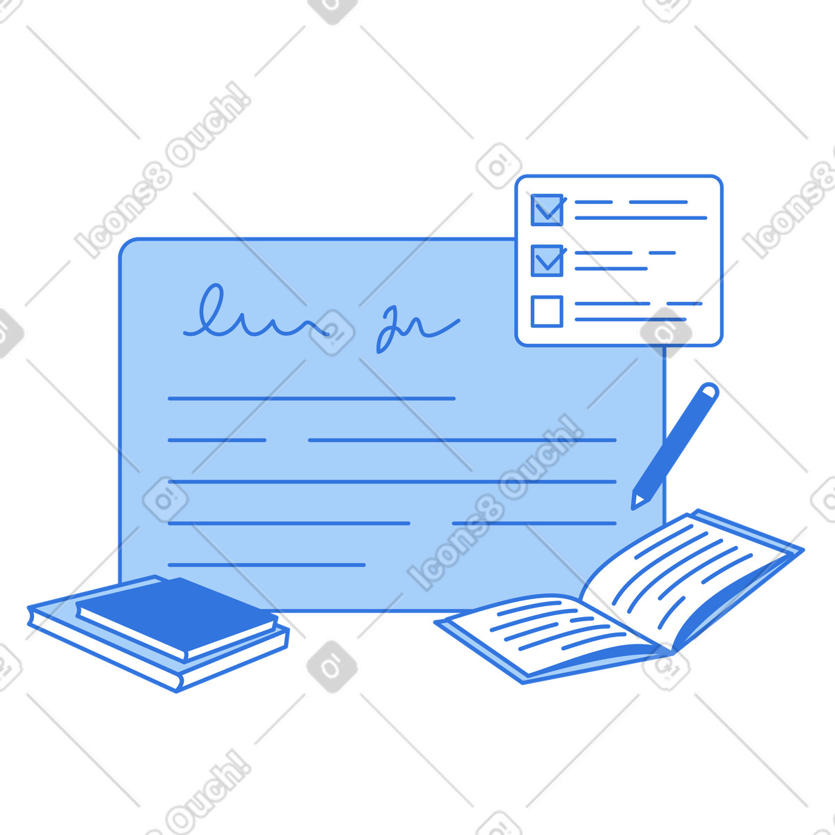 Handwritten note with books and checklist illustration studying clipart GIF download