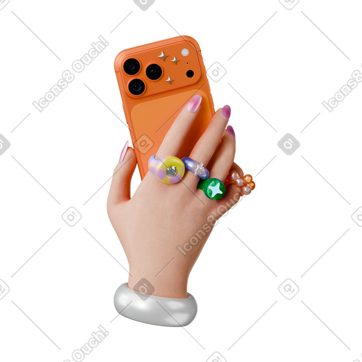 Hand with rings holding a smartphone illustration clipart for various projects in PNG, SVG