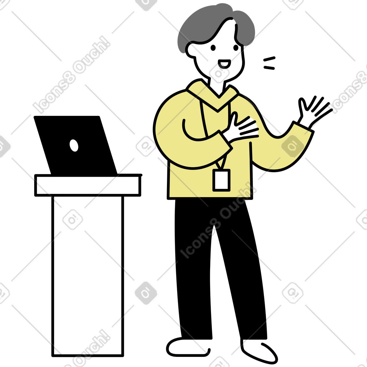 Ilustración Presenter at podium speaking to audience, Presentation skills and communication en estilo Mochi a descargar en PNG y SVG
