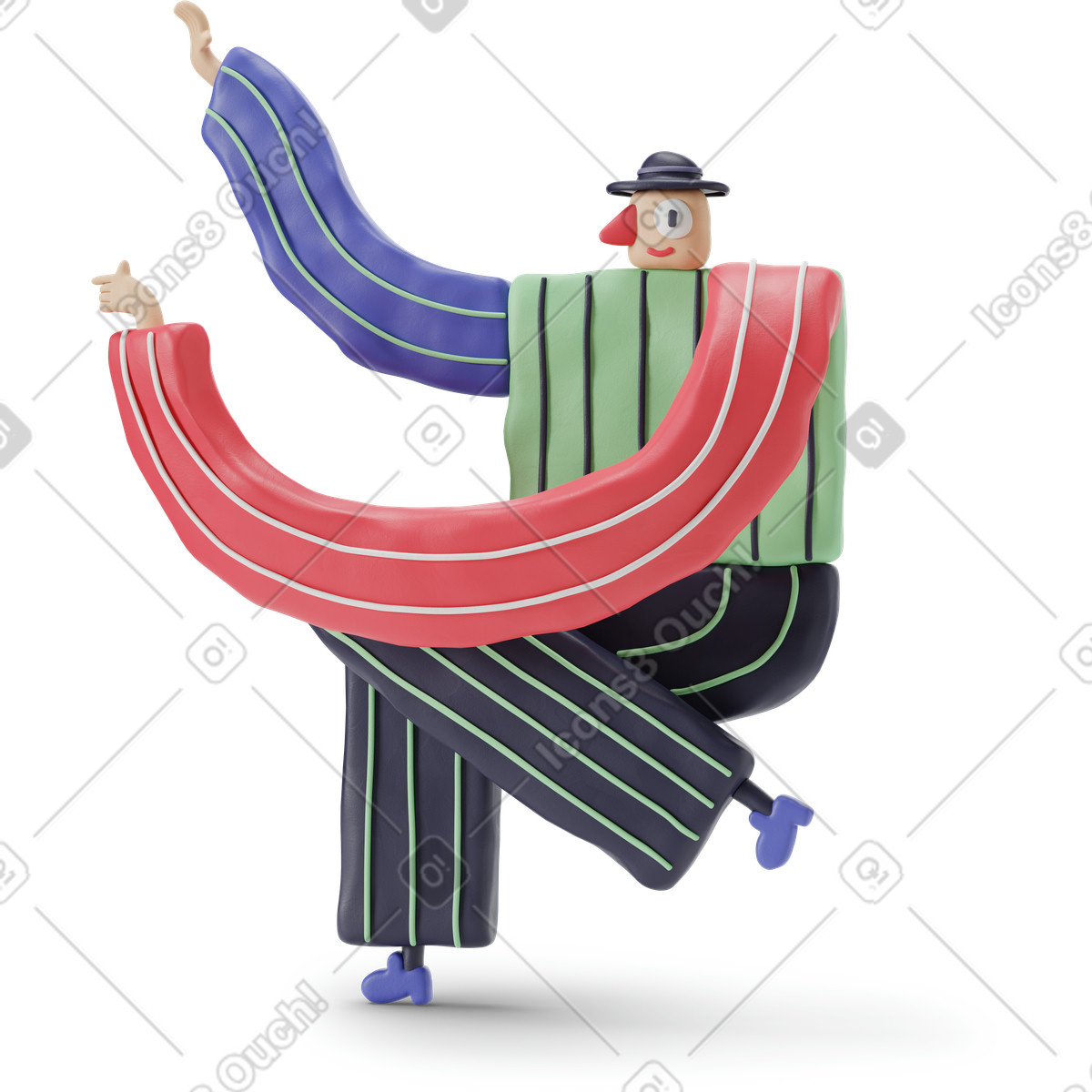 3D Stripy スタイルの 帽子をかぶった男が座って、手を上げて何かを説明します のイラストをPNG、SVG形式でダウンロード