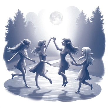 A group of elves with pointed ears and flowing hair are dancing together by a river. Their graceful movements create a sense of harmony as they twirl and leap. The river is sparkling under the moonlight, reflecting the light in shimmering patterns. The elves wear elaborate garments that flow with their movements, and their expressions show joy and celebration. The background features a darkened forest with silhouettes of trees, framing the scene. A bright full moon casts gentle light over the entire area, enhancing the magical atmosphere.