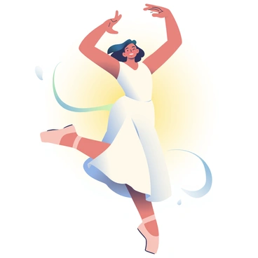 A dancer with dark hair is leaping gracefully in the air. She is wearing a flowing white dress that billows around her as she moves. Her arms are extended elegantly above her head. Surrounding her is a glowing, golden aura that trails behind her, creating a sense of motion. The background is a soft blend of pastel colors, enhancing the ethereal quality of the scene. The dancer's feet are pointed, and her expression shows concentration and joy while she performs the leap.