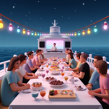 A large cruise ship deck illuminated with colorful string lights hanging overhead. Guests are gathered in small groups, enjoying drinks from elegant glasses filled with vibrant cocktails. A long table is set with various delicious hors d'oeuvres and desserts, adorned with decorative garnishes. In the center, a DJ is mixing music, surrounded by speakers and a colorful light display. Some guests are dancing to the beat, while others are seated at tables, smiling and chatting. The ocean is visible in the background, with gentle waves reflecting the moonlight. The sky is filled with stars, adding a magical ambiance to the festive atmosphere.