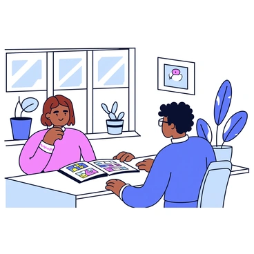 An illustrator stands at a sleek, minimalist desk in a modern office. The illustrator has short brown hair and is dressed in a casual but polished outfit. In front of them lies an open portfolio filled with colorful illustrations showcasing various styles. The client, a person with curly black hair wearing glasses, sits across the desk, attentively looking at the portfolio. The office features large windows with natural light streaming in, and a few potted plants are placed in the background. The walls are adorned with simple artwork, enhancing the creative atmosphere.