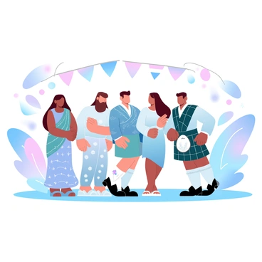A group of individuals dressed in various traditional attires are gathered in an open space. Each person showcases their unique cultural heritage through their clothing. One person is wearing a vibrant saree with intricate patterns, while another is in a colorful kimono with a floral design. A third individual is adorned in a detailed Scottish kilt, complete with a sporran. Surrounding them are cultural artifacts and decorations that represent their respective backgrounds. In the background, flags from different countries are displayed, creating a festive atmosphere.