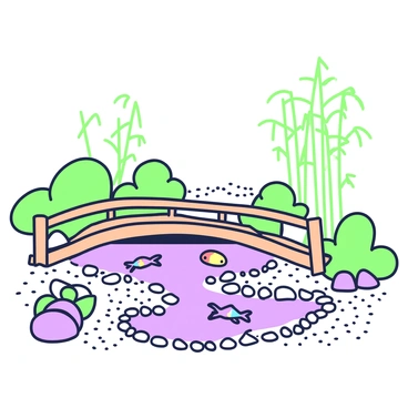 A zen garden is depicted with raked gravel creating smooth patterns. In the foreground, there is a wooden bridge arching over a koi pond. The pond features colorful koi fish swimming gracefully beneath the surface. Surrounding the pond, there are neatly arranged stones and lush green plants that provide a natural frame. In the distance, bamboo stalks are visible, swaying gently in a light breeze. The overall composition emphasizes tranquility and balance in nature.