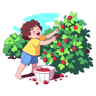 A small child with curly brown hair is joyfully reaching into a bush filled with ripe red raspberries. The child is wearing a bright yellow shirt and denim shorts, with small hands plucking the berries and placing them into a white basket. Sunlight filters through the green leaves of the bush, casting playful shadows on the ground. In the background, there are clusters of green bushes and a clear blue sky, enhancing the cheerful atmosphere of a sunny day.